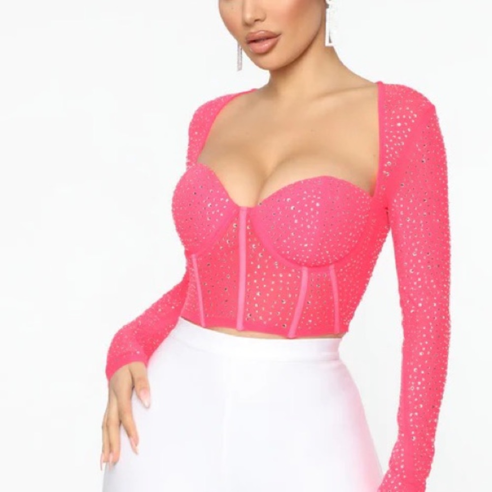 NWT Fashion Nova Leyla Rhinestone Crop Top Long Sleeve Bustier Hot Pink